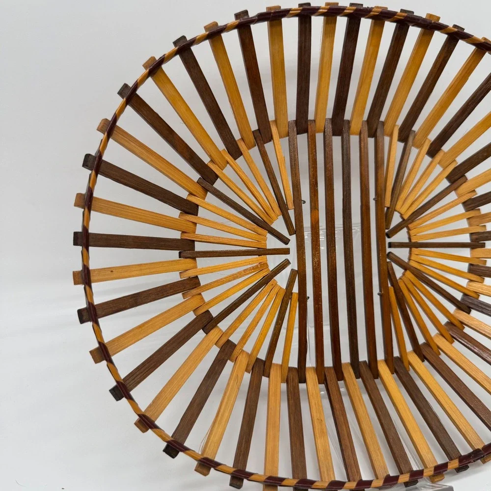 Vintage Bamboo Slat Oval Basket Two Tone Japanese Wood Fruit Bread Bowl 12x10